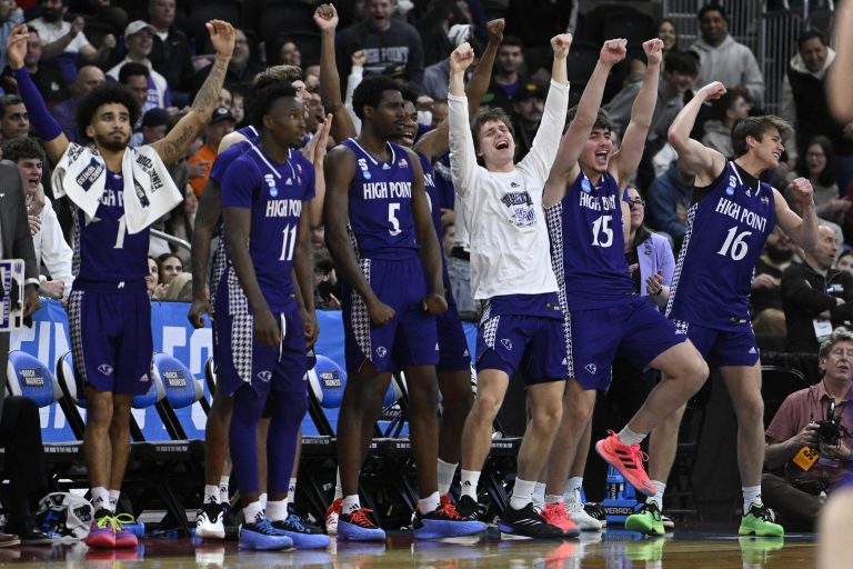The High Point Panthers bench reacts during the second half against the Purdue Boilermakers at Amica Mutual Pavilion.