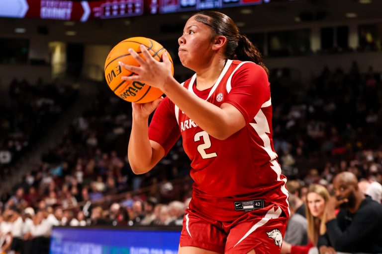 Arkansas Razorbacks guard Kiki Smith (2) attempts a three point basket against the South Carolina Gamecocks in the second half at Colonial Life Arena.