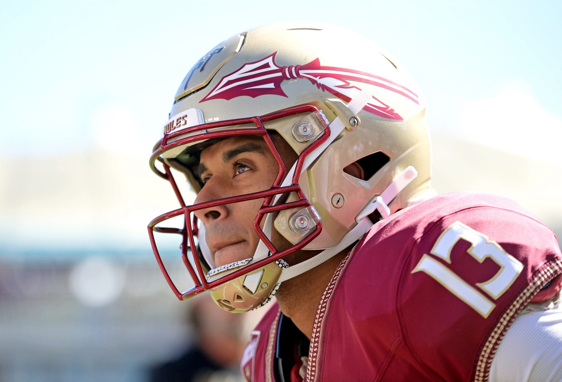 Florida State Seminoles quarterback Jordan Travis (13) warms up before the game against the Virginia Tech Hokies at Doak S. Campbell Stadium.