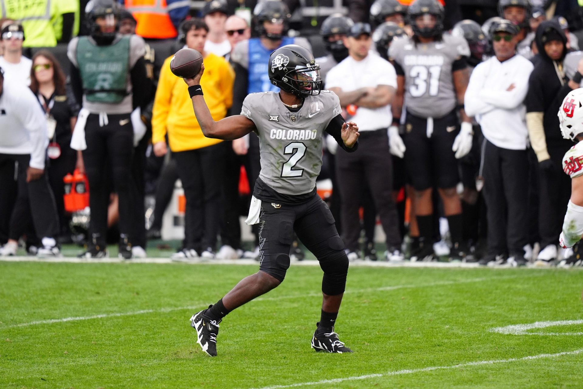 Colorado Buffaloes quarterback Shedeur Sanders (2) prepares to pass in the second half against the Utah Utes at Folsom Field.