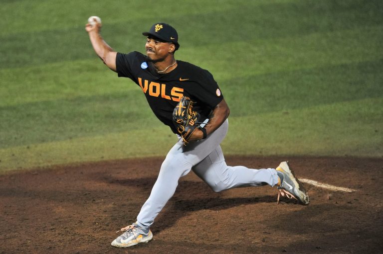 Tennessee's Marcus Phillips (44) pitches during a NCAA Baseball Tournament Knoxville Regional game at Lindsey Nelson Stadium on Saturday, June 1, 2024, in Knoxville, Tenn.