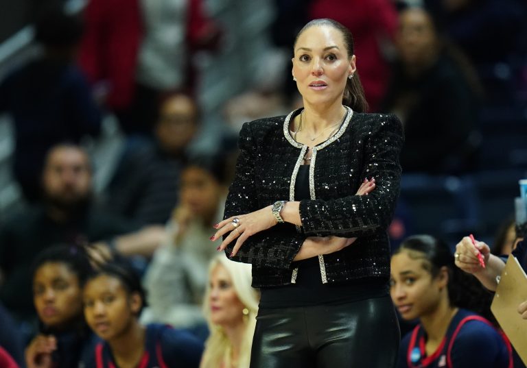 Arizona Wildcats head coach Adia Barnes watches from the sideline as they take on the Syracuse Orange at Harry A. Gampel Pavilion