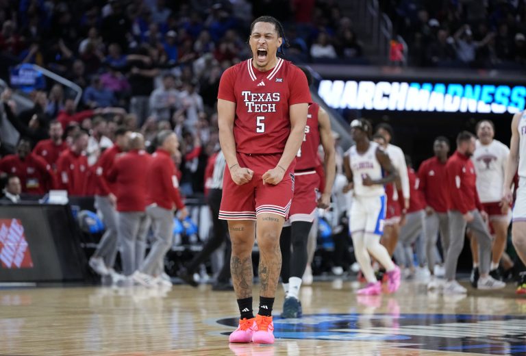 Texas Tech Red Raiders forward Darrion Williams (5) reacts during the second half against the Florida Gators during the West Regional final of the 2025 NCAA tournament at Chase Center.