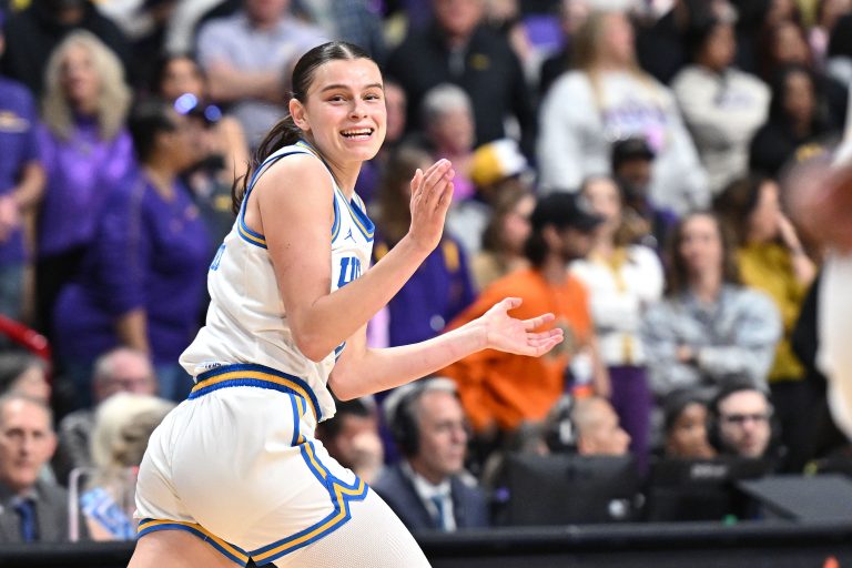 UCLA Bruins guard Gabriela Jaquez (11) celebrates after a three-pointer against the LSU Lady Tigers during the second half of a Elite 8 NCAA Tournament basketball game at Spokane Arena.
