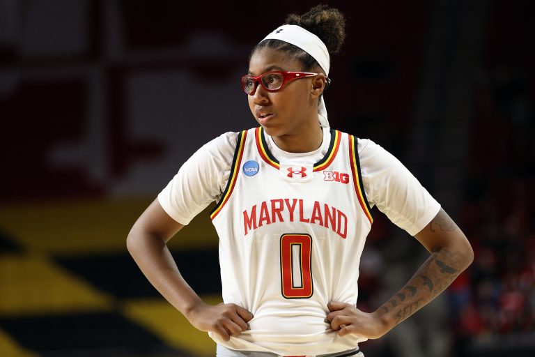Maryland Terrapins guard Shyanne Sellers (0) looks on during the first half against the Alabama Crimson Tide at Xfinity Center.