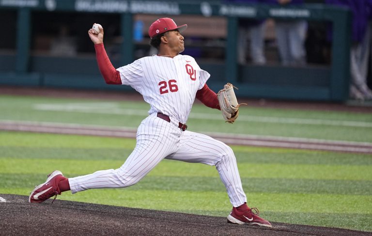 Oklahoma's Kyson Witherspoon (26) throws a pitch during the college baseball game between the University of Oklahoma Sooners and the LSU Tigers at L. Dale Mitchell Park in Norman, Okla., Thursday, April, 3, 2025.