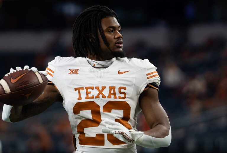 Texas running back Jaydon Blue (23) warms up ahead of the Big 12 Conference Championship game at AT&T Stadium in Arlington, Texas, Saturday, Dec. 2, 2023