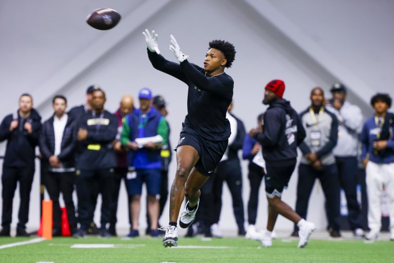 Colorado Buffaloes wide receiver Jimmy Horn Jr. (5) catches the ball at the University of Colorado NFL Showcase at the CU Indoor Practice Facility.