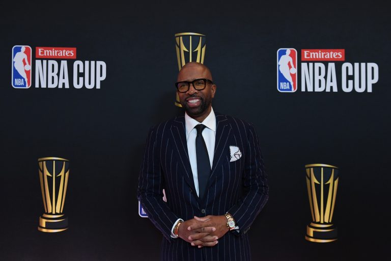 Kenny Smith arrives on the red carpet before the Emirates NBA Cup semifinal game at T-Mobile Arena.