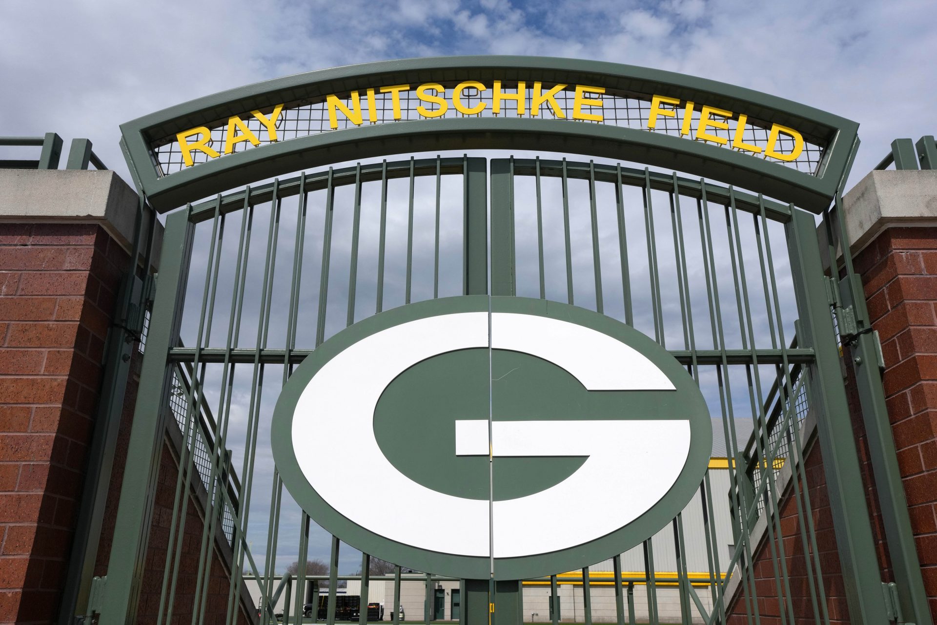 The Green Bay Packers log on the gates at Ray Nitschke Field.