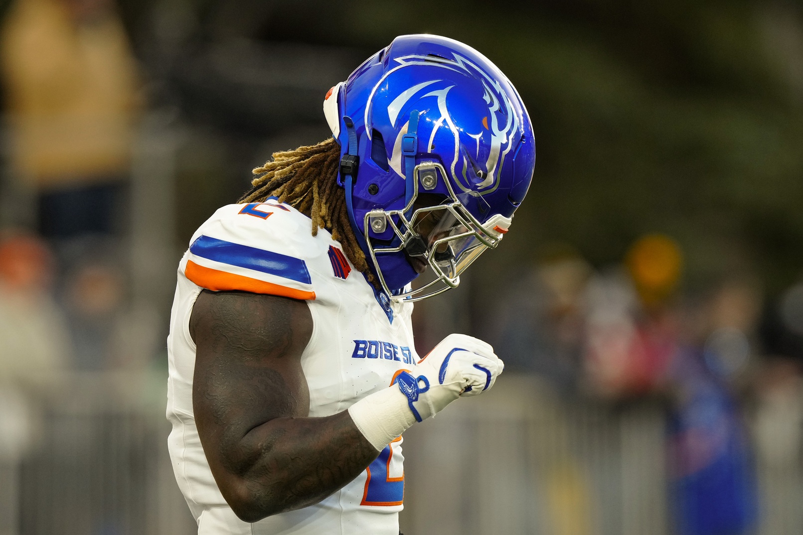 Boise State Broncos running back and Heisman Trophy candidate Ashton Jeanty (2) warms up before game against the Wyoming Cowboys at Jonah Field at War Memorial Stadium.
