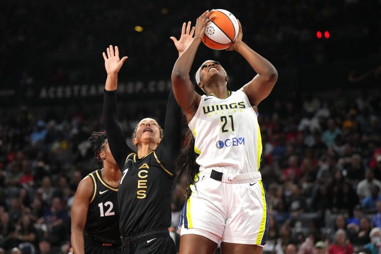 Dallas Wings center Kalani Brown (21) puts up a shot during the first half of game one of the 2023 WNBA Playoffs at Michelob Ultra Arena.