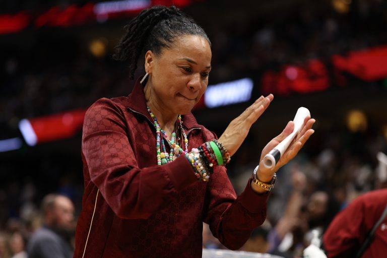 South Carolina Gamecocks head coach Dawn Staley reacts after defeating the Texas Longhorns during the semifinal of the women's 2025 NCAA tournament at Amalie Arena.