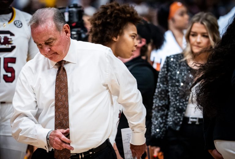 Texas Longhorns head coach Vic Schaefer leaves the court after loosing to the South Carolina Gamecocks in the NCAA Playoff semi-final game at Amalie Arena in Tampa, Florida, April 4, 2025.