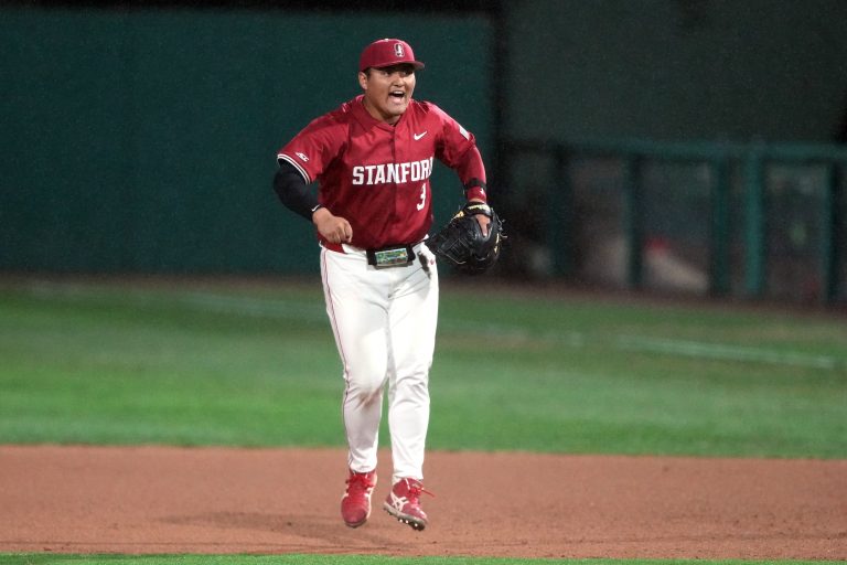 Stanford Cardinal first baseman Rintaro Sasaki (3) reacts after the final out of the game against the Xavier Musketeers at Sunken Diamond.