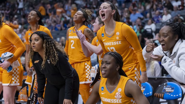The Tennessee Lady Vols bench cheers a score during the second half of a Sweet 16 NCAA Tournament basketball game against the Texas Longhorns at Legacy Arena.