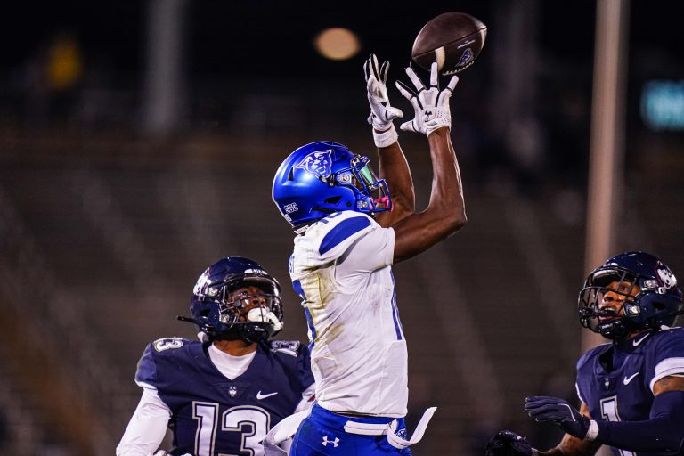 Georgia State Panthers wide receiver Ted Hurst (16) makes the catch against the Connecticut Huskies in the second half at Rentschler Field at Pratt & Whitney Stadium.