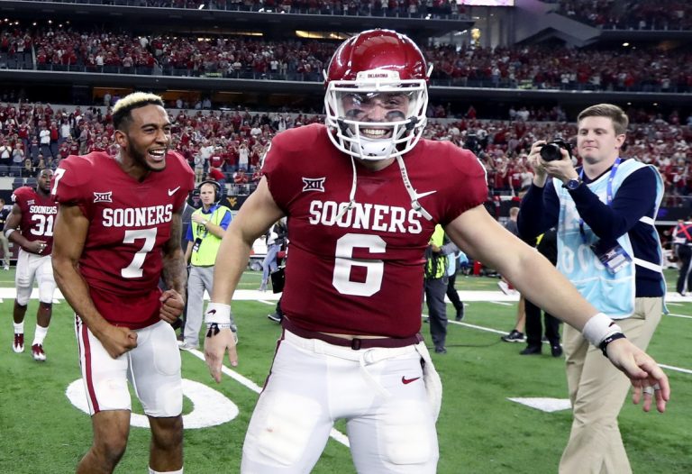 Oklahoma Sooners quarterback Baker Mayfield (6) celebrates after the game against the TCU Horned Frogs in the Big 12 Championship game at AT&T Stadium.