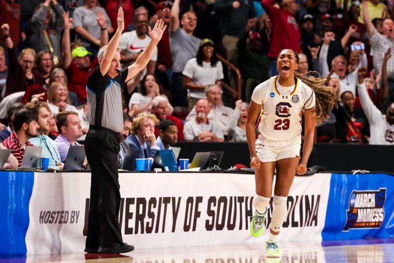 South Carolina Gamecocks guard Bree Hall (23) celebrates after a three point basket against the Indiana Hoosiers in the second half at Colonial Life Arena.