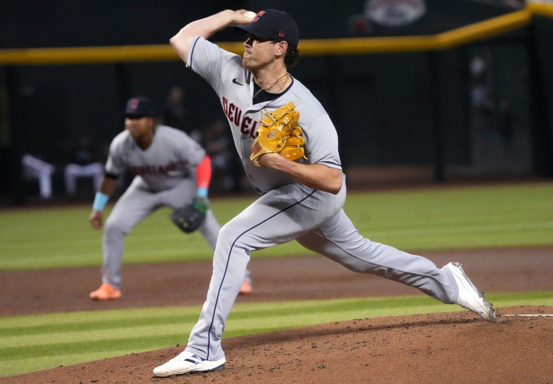 Cleveland Guardians' Shane Bieber (57) pitches against the Arizona Diamondbacks at Chase Field in Phoenix on June 17, 2023.