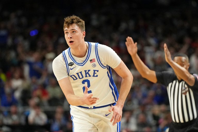 Duke Blue Devils forward Cooper Flagg (2) reacts after a three point basket against the Houston Cougars during the first half in the semifinals of the men's Final Four of the 2025 NCAA Tournament at the Alamodome.