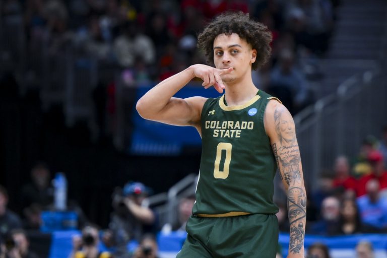 Colorado State Rams guard Kyan Evans (0) reacts against the Maryland Terrapins in the first half at Climate Pledge Arena.
