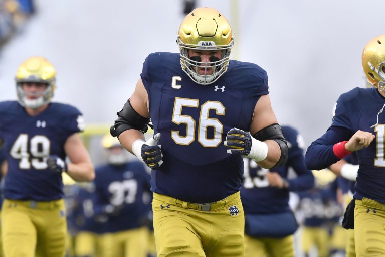 Notre Dame Fighting Irish offensive lineman Quenton Nelson (56) runs onto the field for the game against the Wake Forest Demon Deacons at Notre Dame Stadium.
