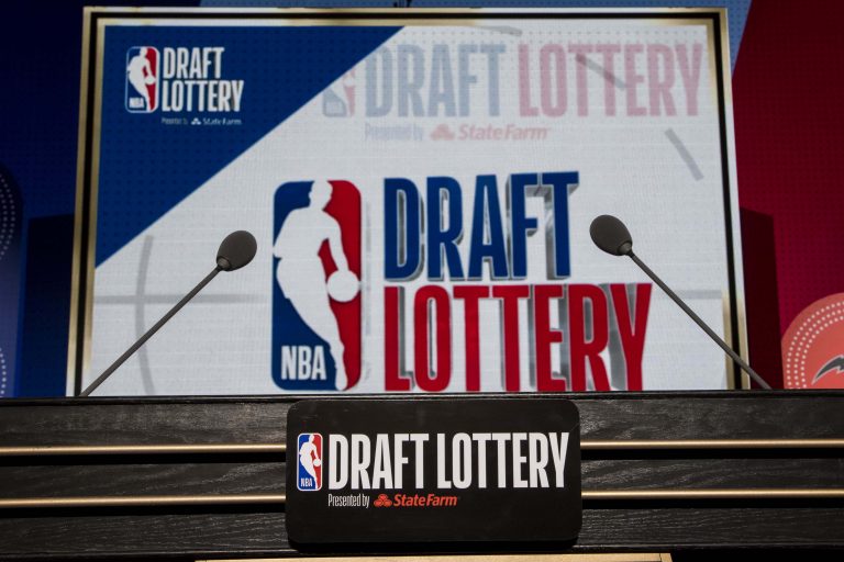 The podium with logos is seen prior to the 2018 NBA Draft Lottery at the Palmer House Hilton.