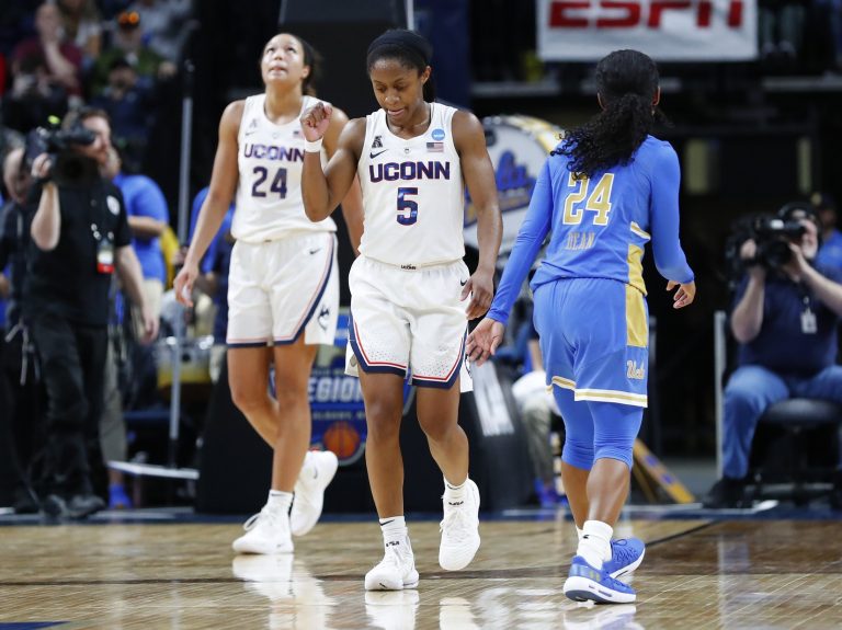 UConn Huskies guard Crystal Dangerfield (5) reacts following the game against the UCLA Bruins in the semifinals of the Albany regional in the women's 2019 NCAA Tournament at the Times Union Center.