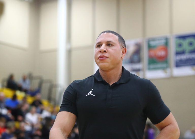 Hillcrest Prep head basketball coach Mike Bibby during the 2019 Hoophall West basketball tournament at Chaparral High School.