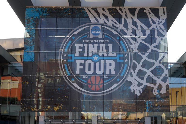 The NCAA Final Four March Madness logo at the Indiana Convention Center.