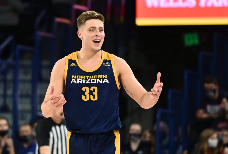 Northern Arizona Lumberjacks forward Carson Towt (33) reacts after play against the Gonzaga Bulldogs in the second half at McCarthey Athletic Center. Bulldogs won 95-49.