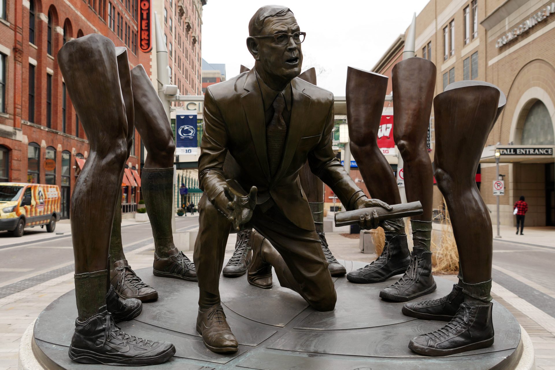 The Wooden's Legacy bronze statue of former UCLA Bruins coach John Wooden is seen on the intersection of Meridian and W. Georgia streets.