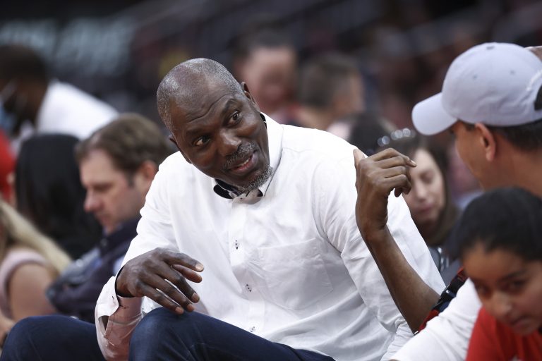 NBA Hall of Fame member Hakeem Olajuwon during the game between the Houston Rockets and the Memphis Grizzlies at Toyota Center.