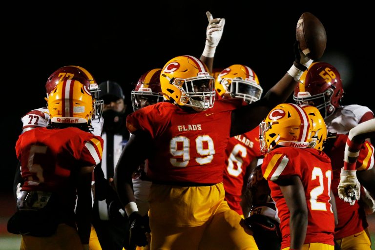 Clarke Central's Jaylon Stone (99) celebrates after recovering a fumble during a GHSA high school football game between Jackson and Clarke Central in Athens, Ga., on Friday, Nov. 12, 2021.