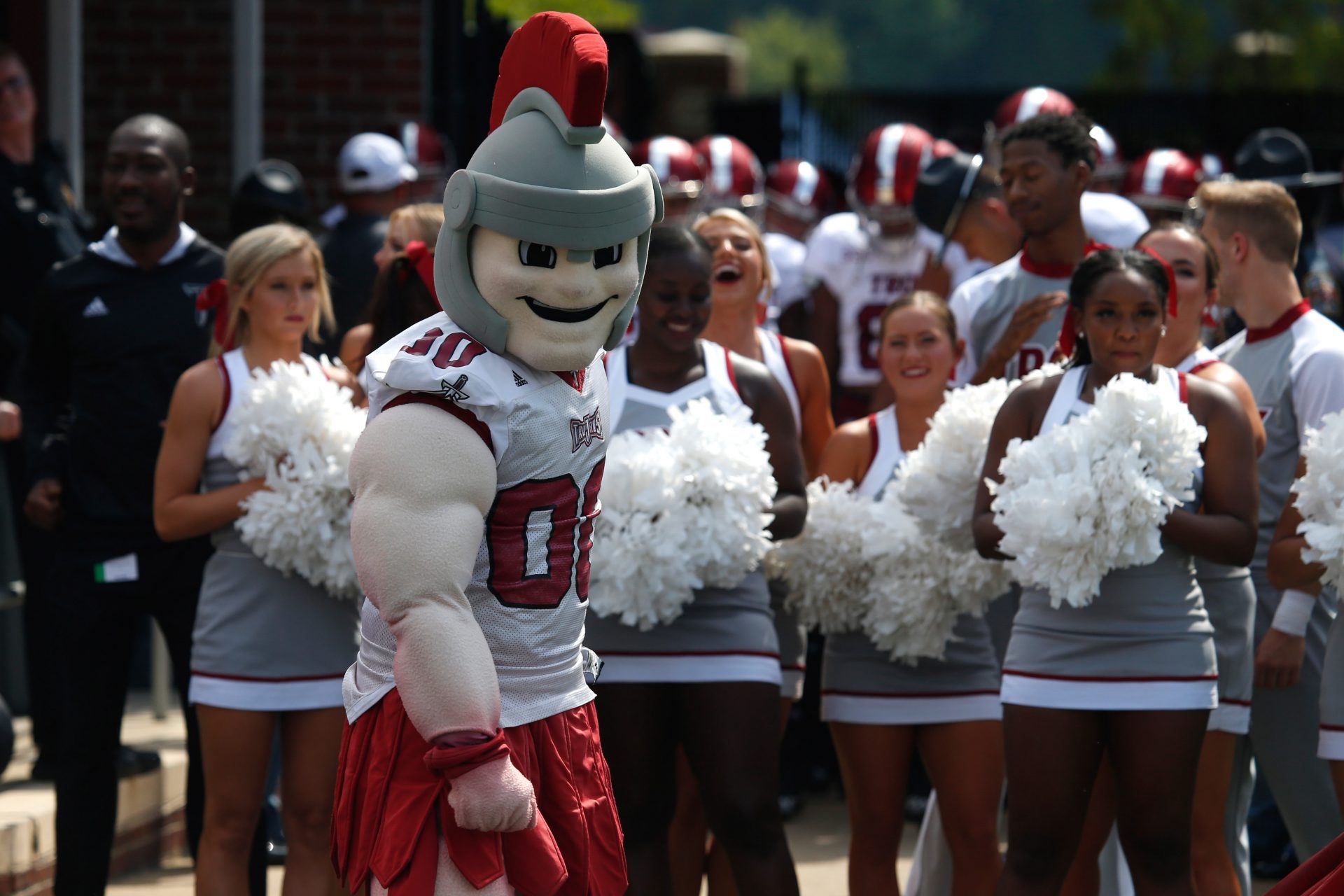 Troy Trojans mascot runs out of the tunnel prior to the game against the Mississippi Rebels at Vaught-Hemingway Stadium
