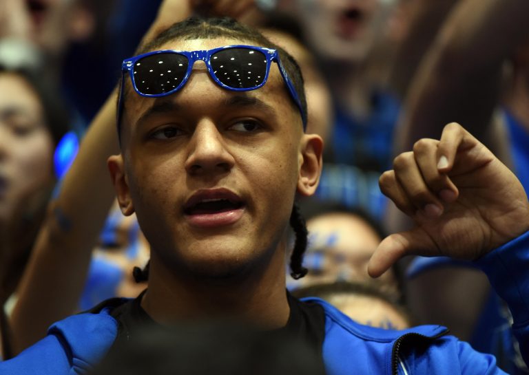 Former Duke Blue Devils forward Paolo Banchero reacts to the North Carolina Tar Heels taking the floor prior to a game at Cameron Indoor Stadium.