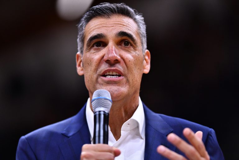 Former Villanova Wildcats head coach Jay Wright speaks before the game against the DePaul Blue Demons at William B. Finneran Pavilion.
