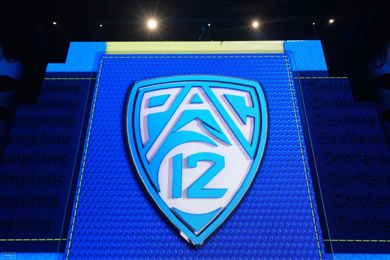 The Pac-12 Conference logo during Pac-12 Media Day at Resorts World Las Vegas.