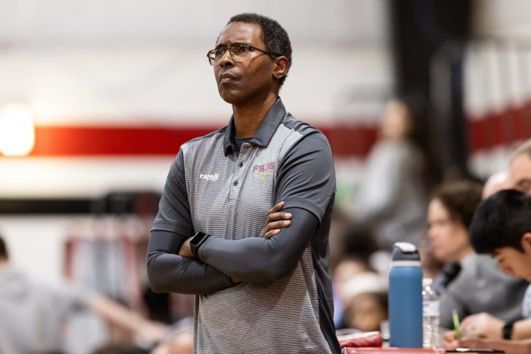 FSUS Seminoles head coach Charlie Ward looks on against the The Rock National Lions during the first half at The Rock School in Gainesville, FL on Friday, January 19, 2024.