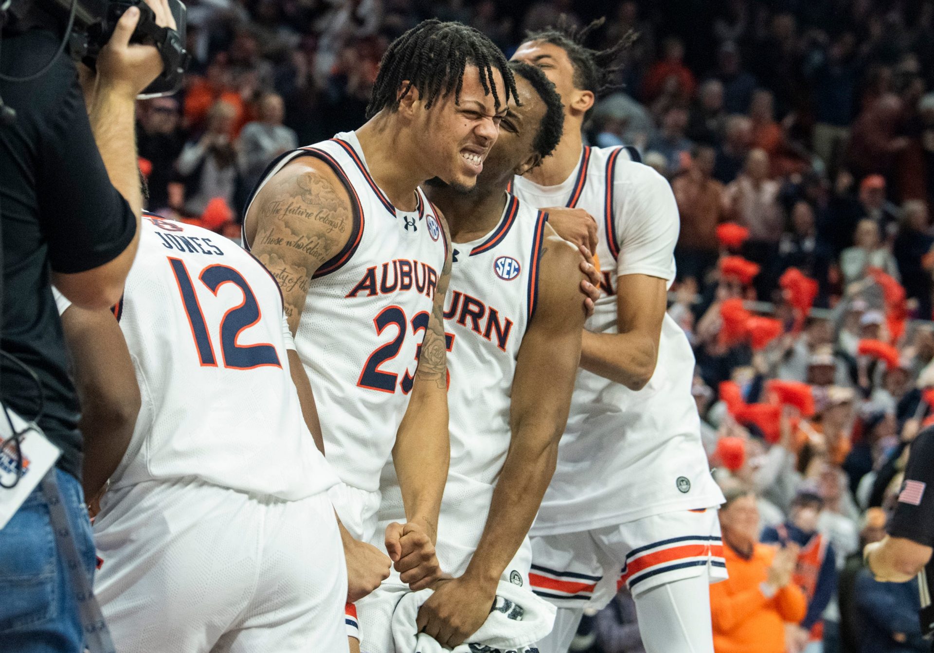 Auburn Tigers forward Addarin Scott (23) celebrates after the game as Auburn Tigers takes on Ole Miss Rebels at Neville Arena in Auburn, Ala., on Saturday, Jan. 20, 2024. Auburn Tigers defeated Ole Miss Rebels 82-59.