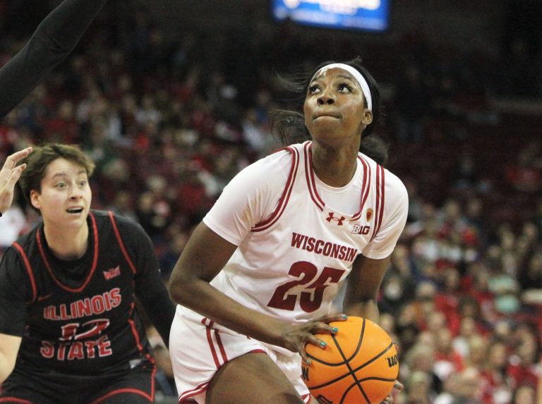 Wisconsin's Serah Williams (25) looks for her shot during a WNIT game at the Kohl Center in Madison, Wisconsin on Thursday March 28, 2024.
