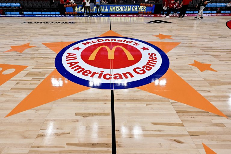 A detail view of the McDonald's All American Games logo center court at Toyota Center.