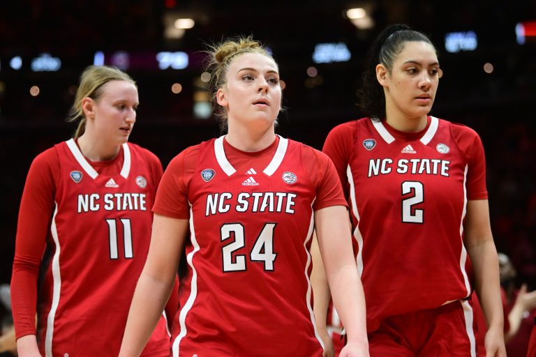 NC State Wolfpack guard Laci Steele (24) reacts after losing to the South Carolina Gamecocks in the semifinals of the Final Four of the womens 2024 NCAA Tournament at Rocket Mortgage FieldHouse.