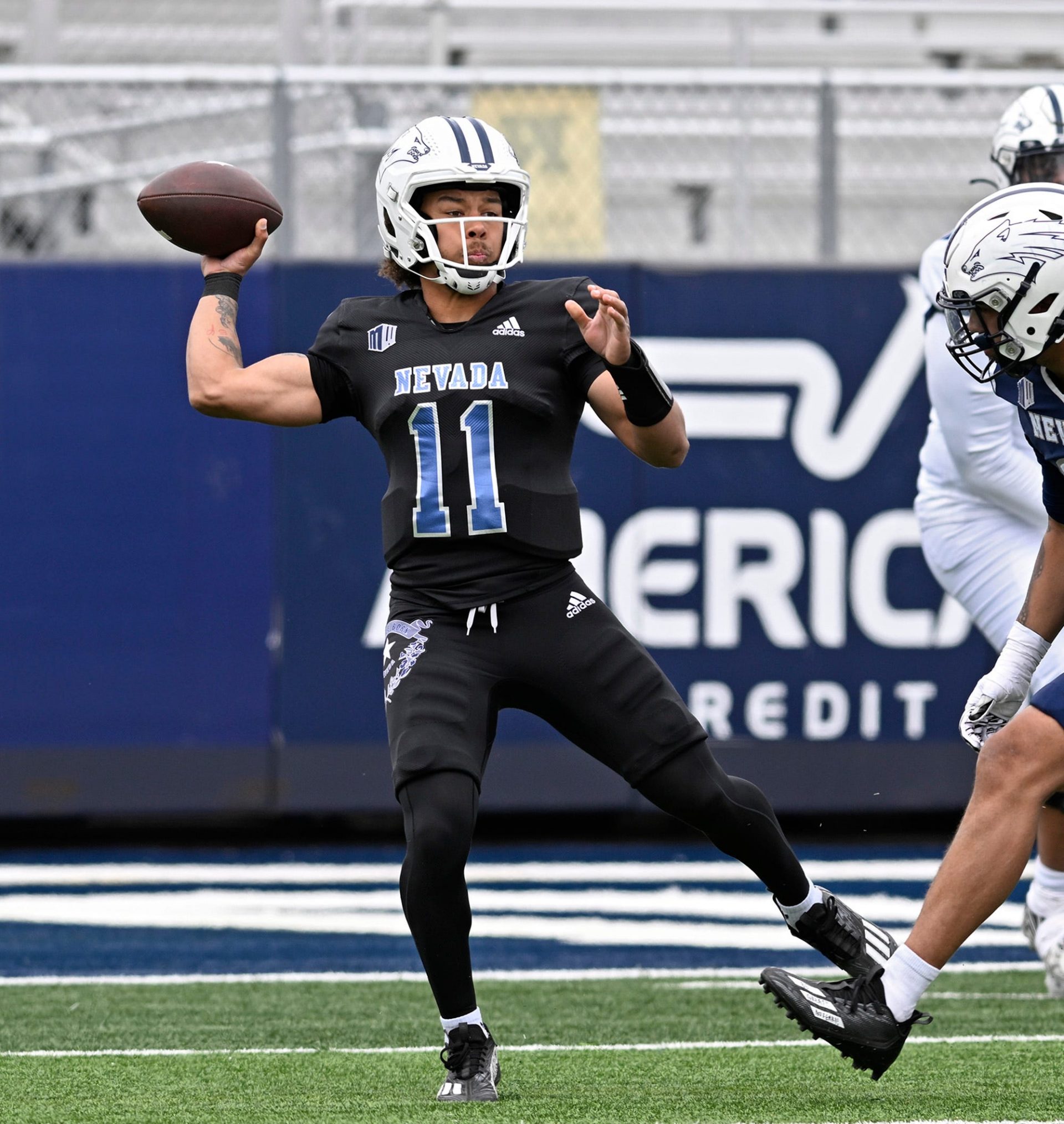 Nevada's Anthony Grigsby Jr. passes the ball during the Nevada Silver and Blue Spring Game at Mackay Stadium on Saturday April 13, 2024.