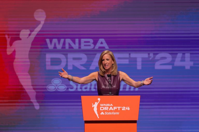 WNBA commissioner Cathy Engelbert speaks before the 2024 WNBA Draft at the Brooklyn Academy of Music.