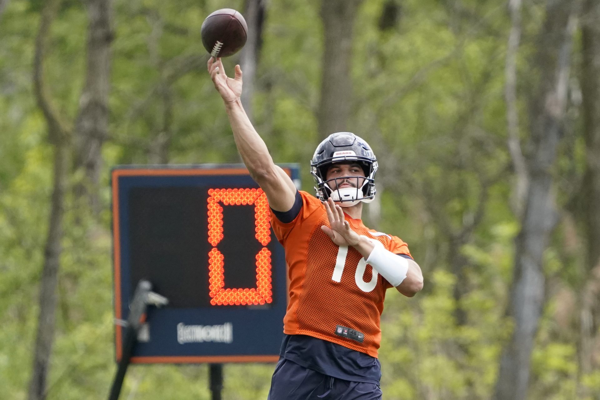 NFL quarterback Caleb Williams throws the ball during Chicago Bears rookie minicamp at Halas Hall.