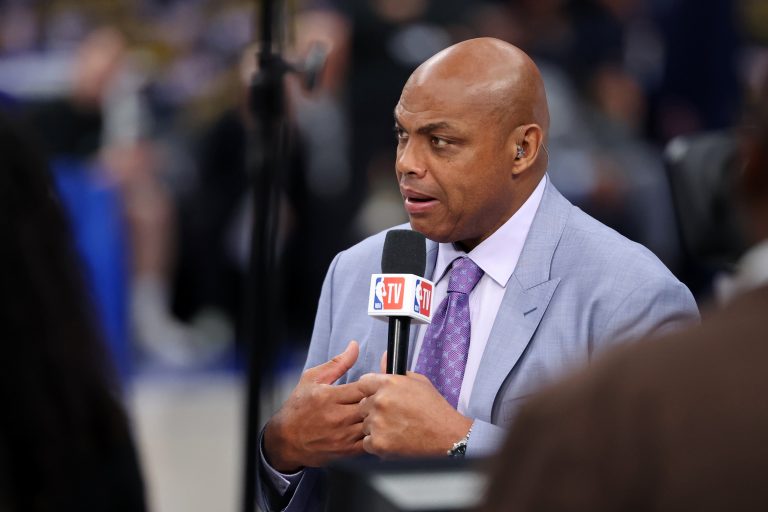 NBA TV analyst Charles Barkley talks on set before game three of the 2024 NBA Finals between the Boston Celtics and the Dallas Mavericks at American Airlines Center.