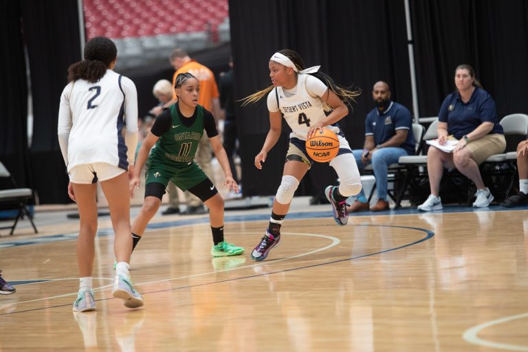 Desert Vista guard Marissa France (4) and Ontario Christian guard Kaleena Smith (11) playing in the Section 7 Girls Hoops on June 14, 2024, at State Farm Stadium in Glendale.
