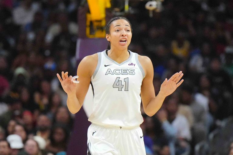 Las Vegas Aces center Kiah Stokes (41) reacts in the first half against the LA Sparks at Crypto.com Arena.